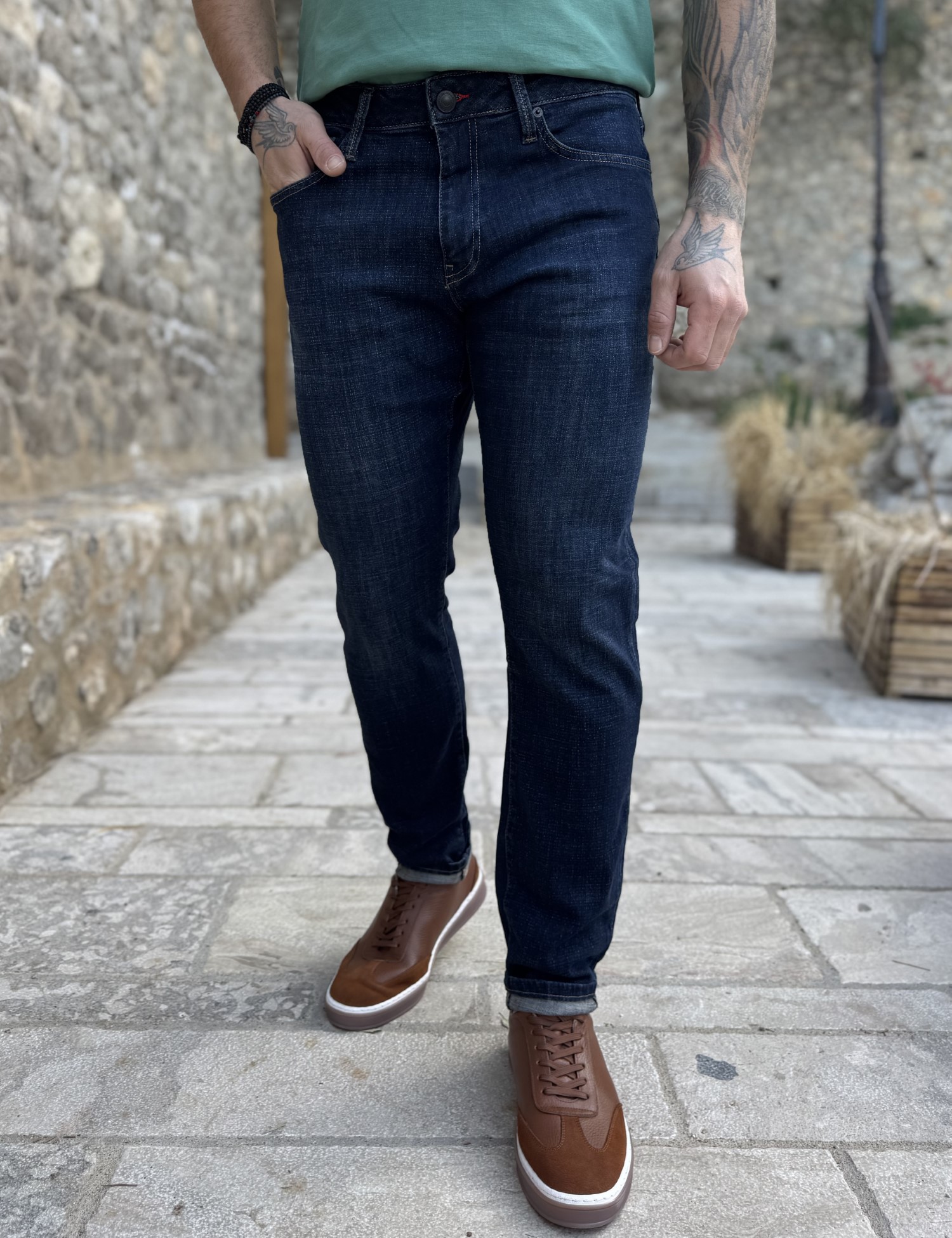 Ανδρικό σκούρο μπλε ξεβαμμένο τζιν ελαστικό GB5723